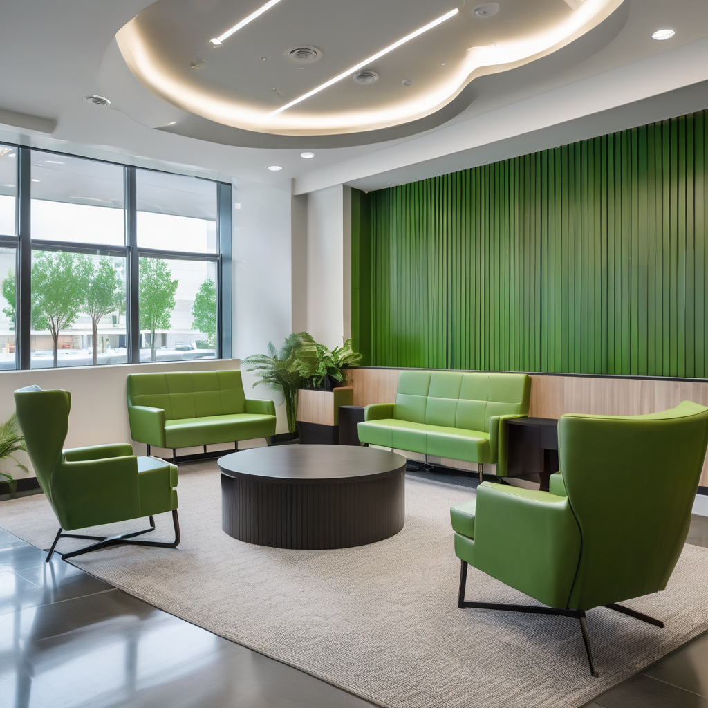 Modern insurance company office lobby with green accent colors