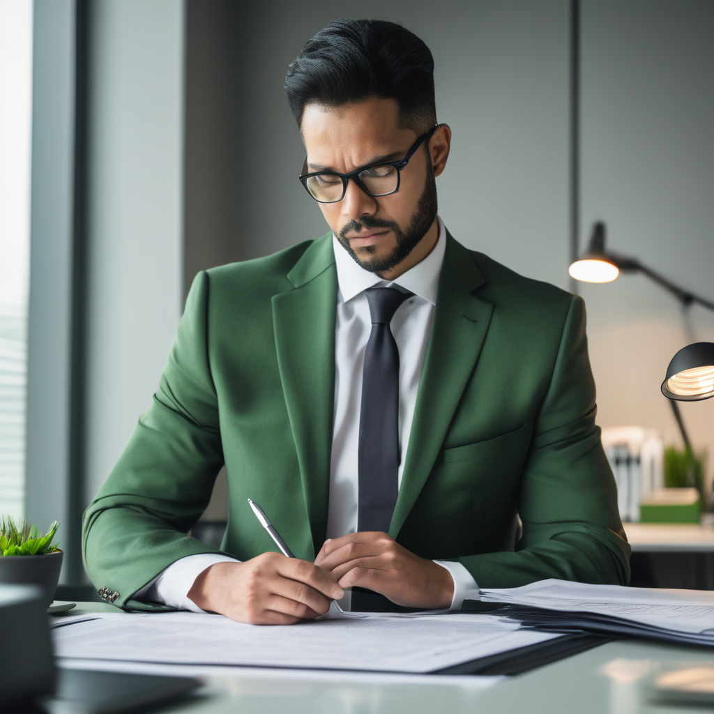 Professional insurance adjuster reviewing documents in a modern office