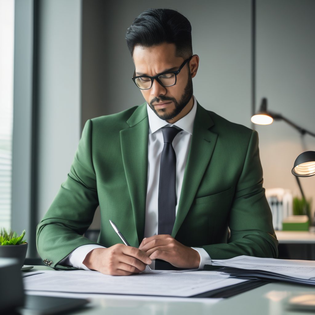 Professional insurance adjuster reviewing documents in a modern office