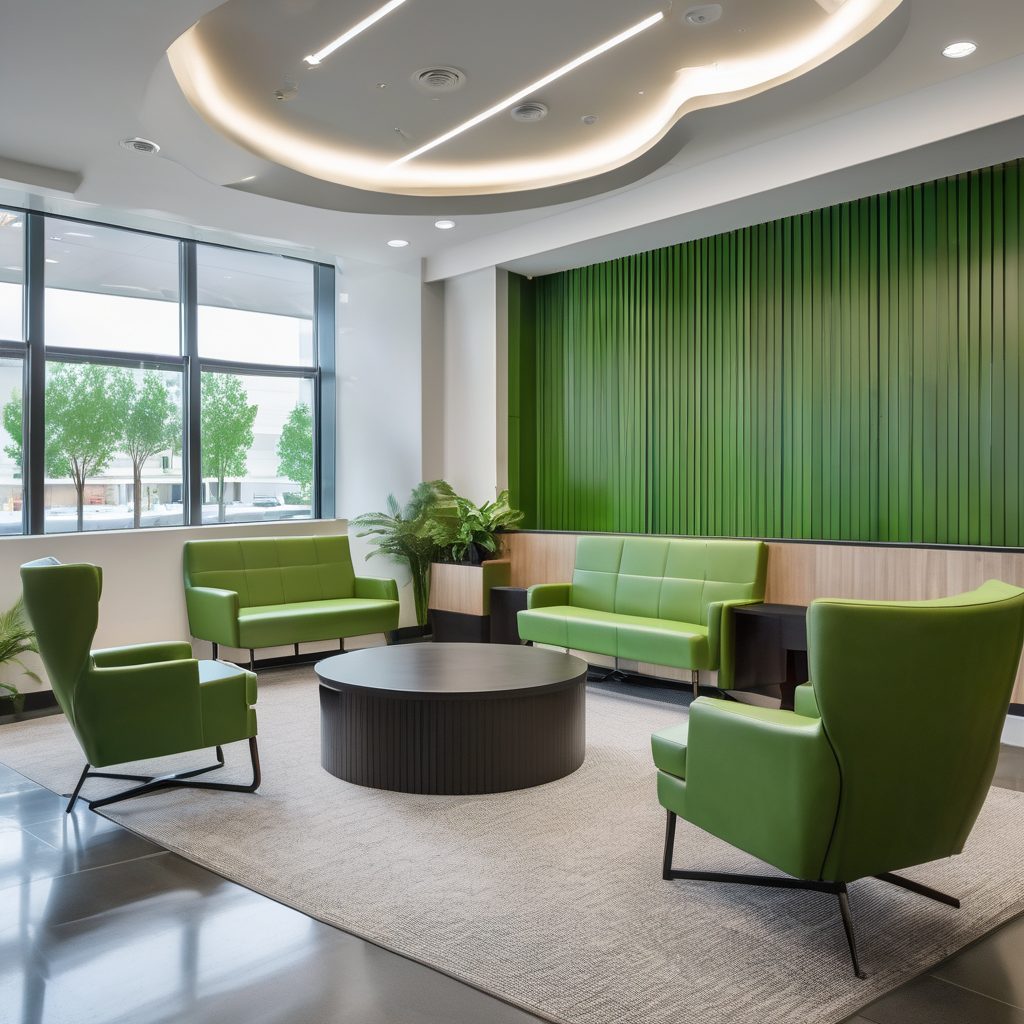 Modern insurance company office lobby with green accent colors