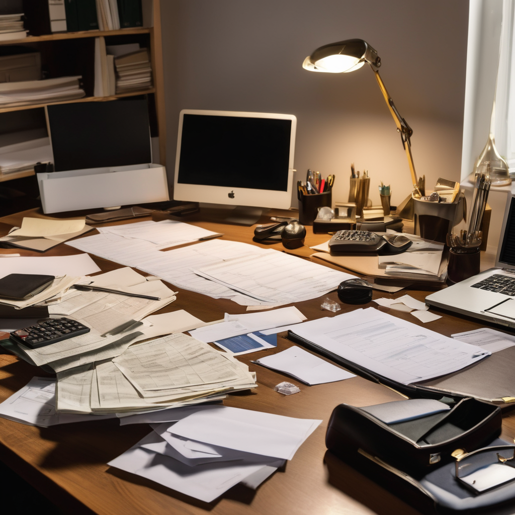 Claim documents and photographs organized on an adjuster's desk